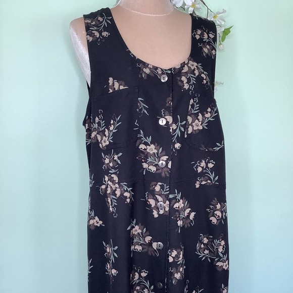 Vintage Dresses & Skirts - Vintage Sleeveless Long Button Front Floral Print Safari Dress Rayon Buckle Back